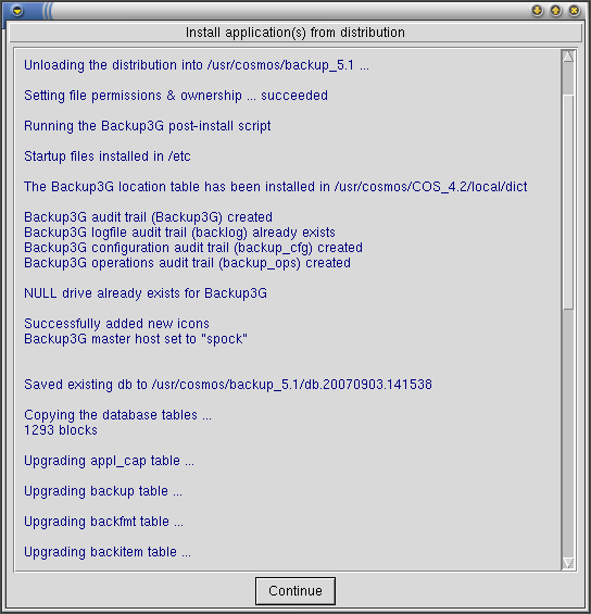 Figure 1 — Installation messages—upgrading from COSbackup 3.2.6